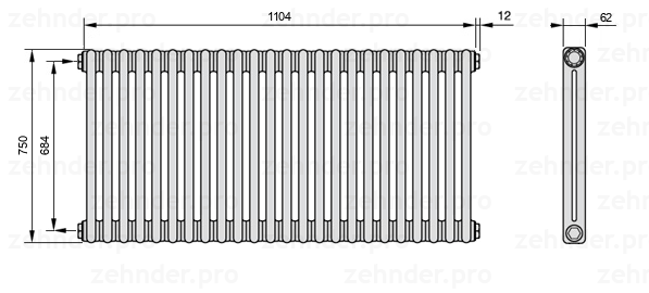 Схема (чертеж) Радиатор Zehnder Charleston 2075/24 №1270 Белый глянцевый RAL 9016